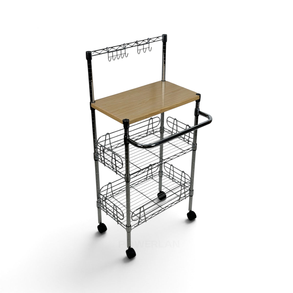 Carrello Metallika con Ruote – Piano in Legno, 2 Cestelli Grigliati con Asta Portautensili e Ganci