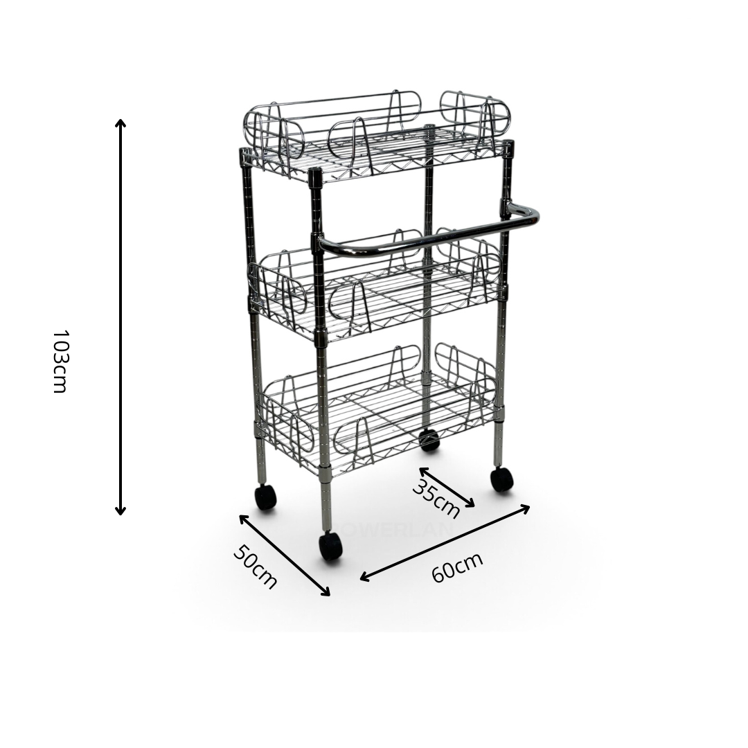Carrello Metallika con Ruote – 3 Ripiani Grigliati con Sponde Anticaduta Rimovibili
