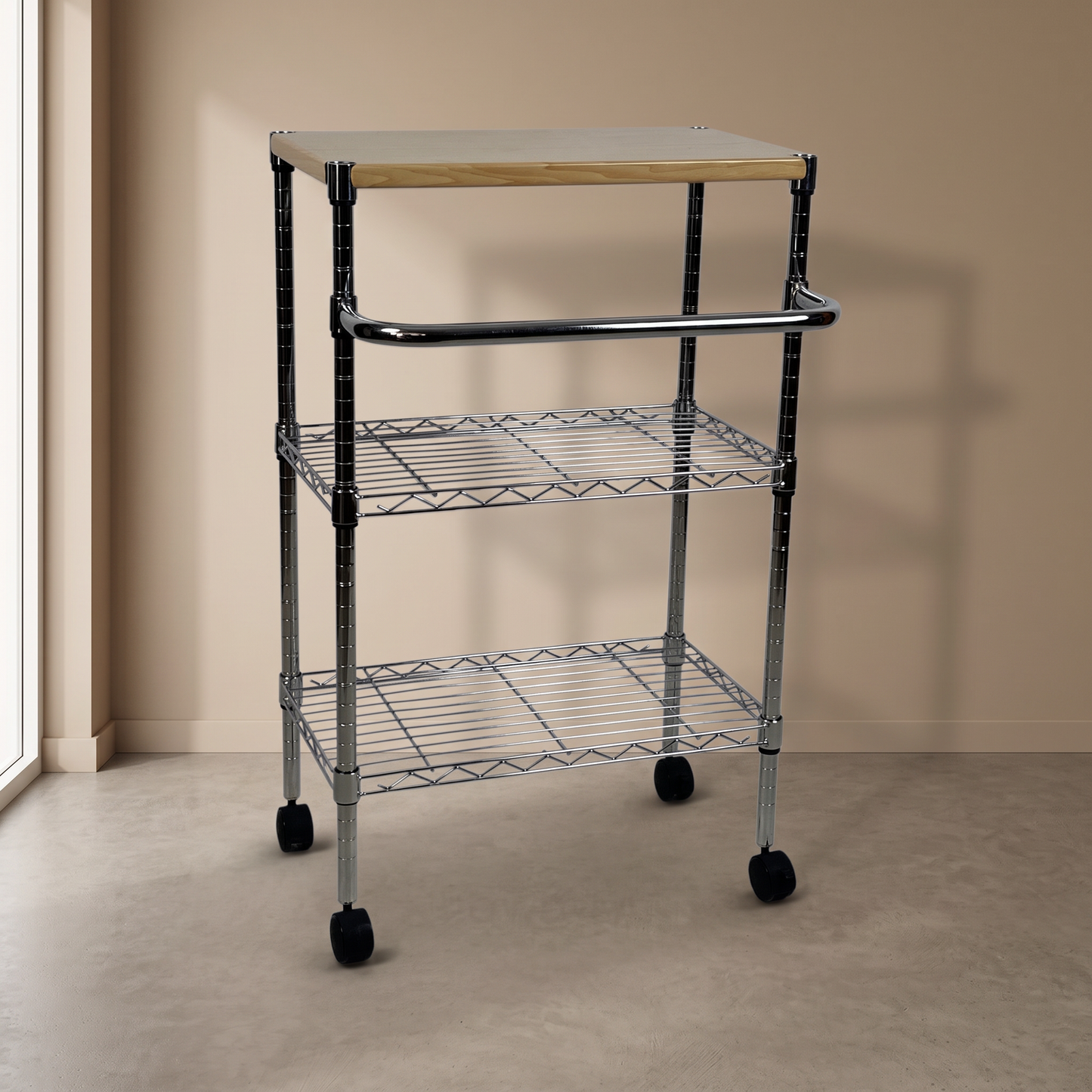 Carrello Metallika con Ruote e Piano in Legno – 2 Ripiani Grigliati