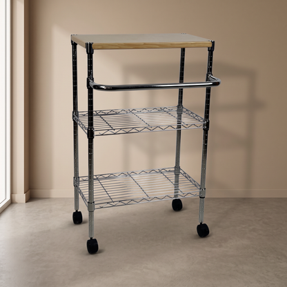 Carrello Metallika con Ruote e Piano in Legno – 2 Ripiani Grigliati