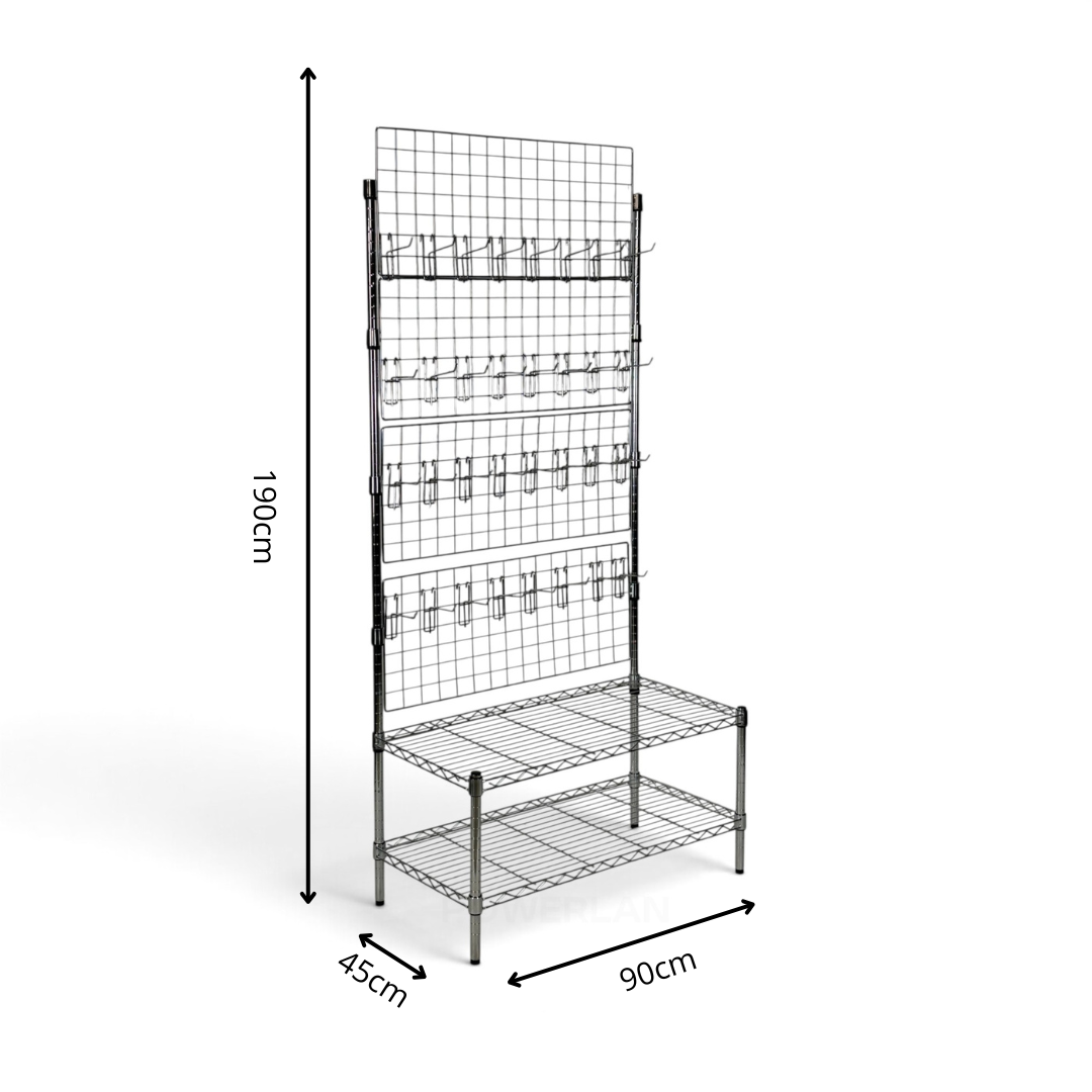 Espositore Porta Blister Metallika H 182cm  –  2 Ripiani 45x90 - 32 ganci