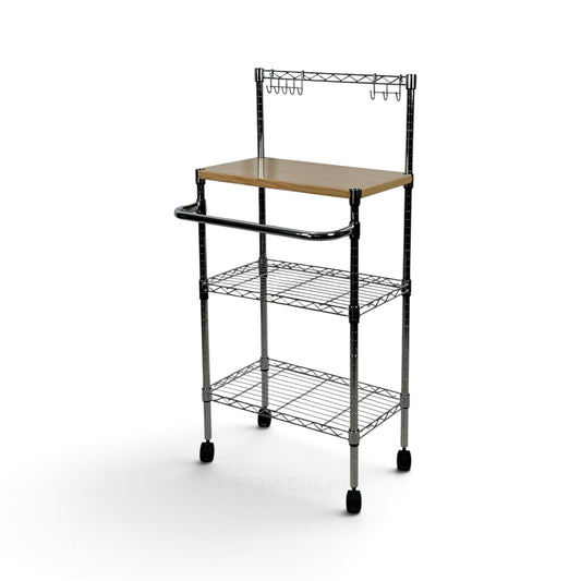 Carrello Metallika con Ruote – Piano in Legno, 2 Ripiani Grigliati con Asta Portautensili e Ganci