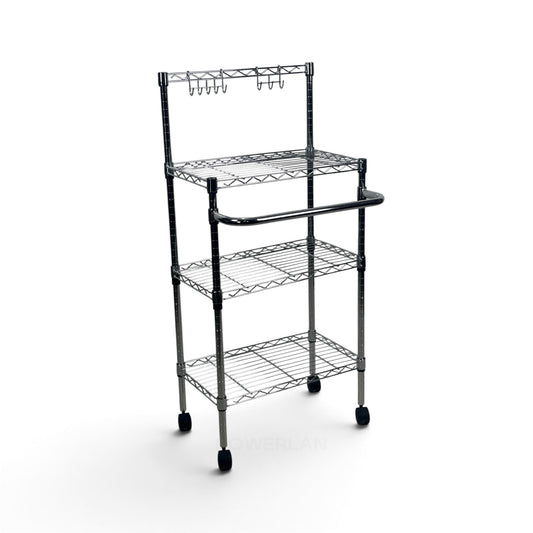 Carrello Metallika con Ruote – 3 Ripiani Grigliati con Asta Portautensili e Ganci Rimovibili