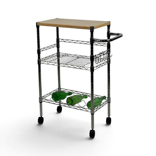 Carrello Metallika con Ruote – Piano in Legno, Ripiano Grigliato, Portabottiglie e Ganci Laterali