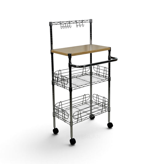 Carrello Metallika con Ruote – Piano in Legno, 2 Cestelli Grigliati con Asta Portautensili e Ganci