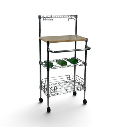 Carrello Metallika con Ruote – Piano in Legno, Griglia Portabottiglie, Cestello e Asta con Ganci