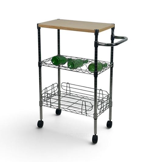 Carrello Metallika con Ruote – Piano in Legno, Griglia Portabottiglie e Cestello