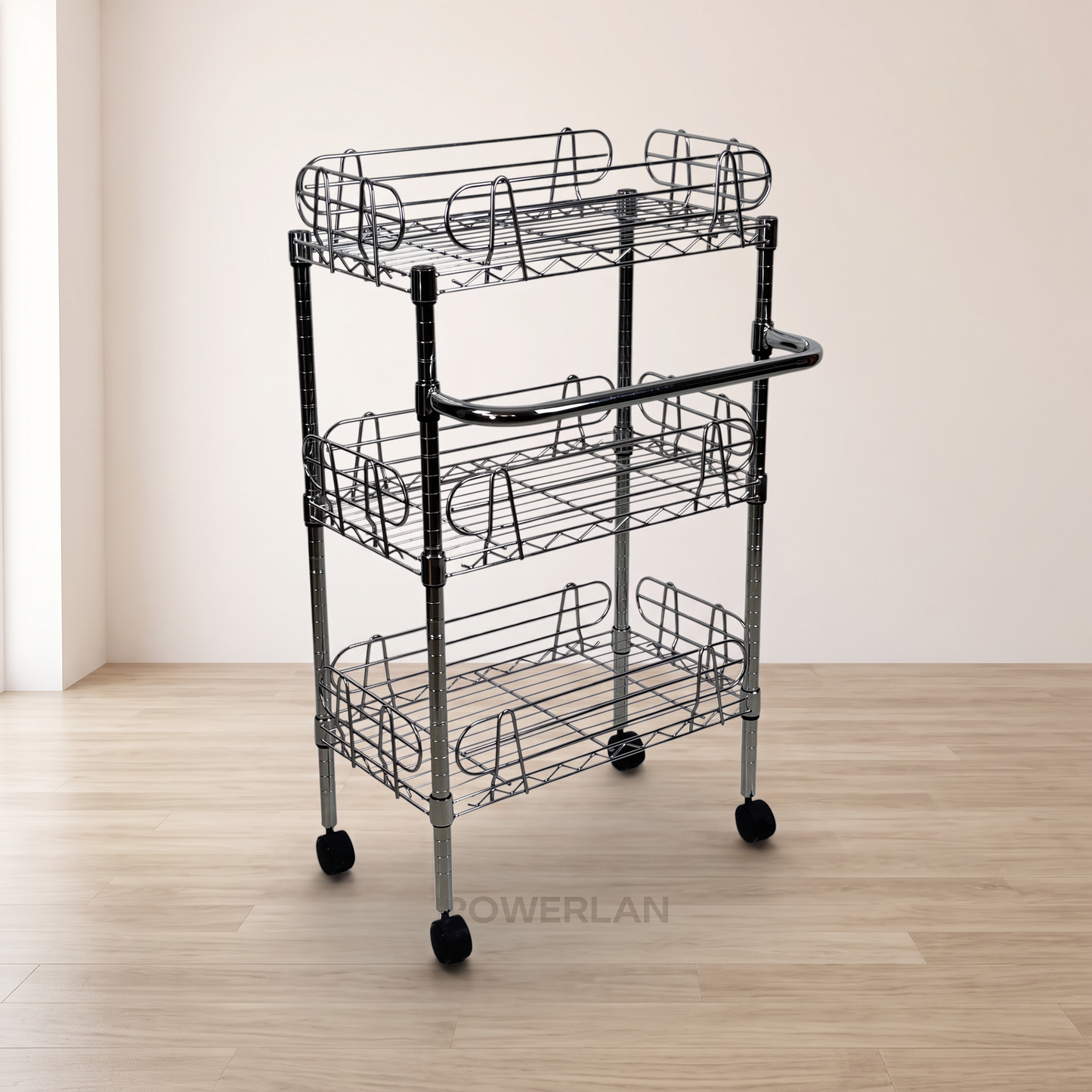 Carrello Metallika con Ruote – 3 Ripiani Grigliati con Sponde Anticaduta Rimovibili